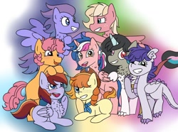 Size: 1024x762 | Tagged: safe, artist:scoot11, oc, oc only, alicorn, dracony, earth pony, hybrid, pegasus, pony, unicorn, blank flank, female, flying, group photo, high five, hoofbump, interspecies offspring, looking at the camera, lying down, mane six opening poses, mare, next generation, offspring, one eye closed, parent:big macintosh, parent:cheese sandwich, parent:discord, parent:flash sentry, parent:fluttershy, parent:pinkie pie, parent:princess celestia, parent:rainbow dash, parent:rarity, parent:soarin', parent:spike, parent:twilight sparkle, parents:cheesepie, parents:dislestia, parents:flashlight, parents:fluttermac, parents:soarindash, parents:sparity, smiling, tongue out, wink