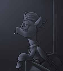 Size: 800x900 | Tagged: safe, artist:sinrar, spitfire, pegasus, pony, g4, cigarette, clothes, female, grayscale, hoodie, monochrome, simple background, smoking, solo