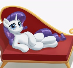 Size: 3580x3321 | Tagged: safe, artist:mercurysparkle, rarity, pony, unicorn, g4, chest fluff, couch, ear fluff, fainting couch, female, high res, leg fluff, looking at you, lying down, mare, simple background, smiling, solo, white background