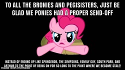 Size: 1200x673 | Tagged: source needed, safe, edit, edited screencap, screencap, pinkie pie, earth pony, pony, g4, over a barrel, arthur, caption, family guy, female, fourth wall, hey! that's what i said!, image macro, male, op has a point, op is a duck but has a point, series finale blues, solo, south park, spongebob squarepants, text, the simpsons