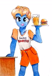 Size: 2174x3200 | Tagged: safe, artist:liaaqila, oc, oc only, oc:silly scribe, equestria girls, g4, alcohol, beef, beer, burger, cheese, clothes, commission, crossdressing, desk, equestria girls-ified, femboy, femboy hooters, food, glass, hamburger, high res, hooters, lettuce, male, meat, open mouth, shirt, shorts, simple background, solo, t-shirt, tomato, traditional art, tray, white background