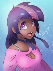Size: 3000x4000 | Tagged: safe, artist:galinn-arts, twilight sparkle, human, g4, abstract background, bare shoulders, boob window, bra, bra strap, breasts, bust, busty twilight sparkle, cleavage, clothes, cute, dark skin, eyelashes, female, happy, humanized, looking at you, off shoulder, open mouth, smiling, solo, twiabetes, underwear