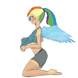 Size: 1280x1280 | Tagged: safe, artist:peppertech, rainbow dash, human, g4, abs, barefoot, delicious flat chest, feet, female, humanized, rainbow flat, solo, sweat, tan lines