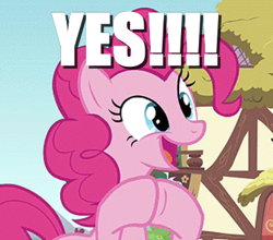 Size: 390x343 | Tagged: safe, edit, edited screencap, screencap, pinkie pie, earth pony, pony, a friend in deed, g4, caption, cropped, female, hooves together, image macro, reaction image, solo, text, yes