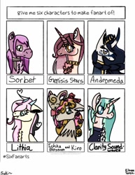 Size: 791x1024 | Tagged: safe, artist:ophelia-teamivory, oc, oc only, oc:andromeda, oc:sorbet, draconequus, pony, unicorn, bust, chest fluff, clothes, curved horn, draconequus oc, ear fluff, horn, jewelry, necklace, scarf, six fanarts, smiling, tongue out, unicorn oc