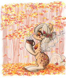 Size: 800x937 | Tagged: safe, artist:rainspeak, oc, oc only, oc:autumna, earth pony, pony, autumn, coffee, leaves, solo, solutai