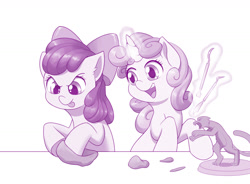 Size: 1280x942 | Tagged: safe, artist:dstears, apple bloom, sweetie belle, earth pony, pony, unicorn, g4, adorabloom, calvin and hobbes, clay, cute, diasweetes, duo, female, filly, magic, monochrome, newbie artist training grounds, open mouth, sweetie belle's magic brings a great big smile, telekinesis, tongue out, unicorn master race