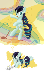 Size: 1750x2830 | Tagged: safe, artist:notadeliciouspotato, coloratura, earth pony, pony, g4, atg 2020, bipedal, female, hoof on chin, mare, music, newbie artist training grounds, open mouth, pencil, prone, smiling, solo, thought bubble