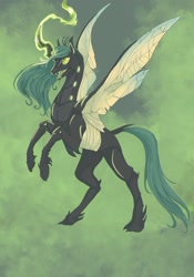 Size: 1280x1833 | Tagged: safe, artist:t3ssrina, queen chrysalis, changeling, changeling queen, g4, crown, female, glowing horn, green changeling, horn, jewelry, rearing, regalia, solo
