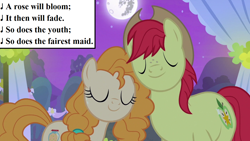 Size: 1280x720 | Tagged: safe, edit, edited screencap, editor:korora, screencap, bright mac, pear butter, earth pony, pony, g4, the perfect pear, cowboy hat, eyes closed, female, full moon, hat, henry mancini, inset, lyrics, male, mare, mare in the moon, marriage, moon, romeo and juliet, romeo and juliet (zeffirelli), ship:brightbutter, shipping, song reference, straight, text, wedding, what is a youth