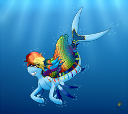 Size: 1490x1337 | Tagged: safe, artist:midnightfire1222, rainbow dash, merpony, pegasus, pony, sea pony, g4, bubble, confident, female, pun, rainbow splash, sailfish, simple background, solo, underwater