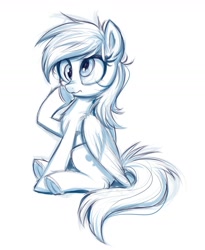 Size: 1403x1708 | Tagged: safe, artist:confetticakez, derpy hooves, pegasus, pony, g4, chest fluff, cute, derpabetes, female, mare, monochrome, simple background, sitting, solo, underhoof, white background