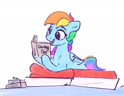 Size: 2048x1583 | Tagged: safe, artist:thefloatingtree, rainbow dash, pegasus, pony, g4, atg 2020, book, cushion, daring do book, female, mare, misspelling, newbie artist training grounds, open mouth, prone, reading, simple background, solo, white background