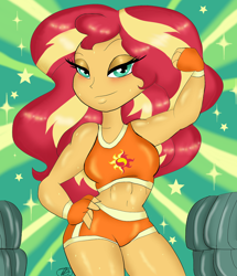 Size: 956x1112 | Tagged: safe, artist:purfectprincessgirl, sunset shimmer, equestria girls, g4, blushing, bra, clothes, commission, cutie mark, cutie mark on clothes, female, fingerless gloves, flexing, gloves, lidded eyes, looking at you, muscles, shorts, solo, sports bra, sports panties, sports shorts, sunset lifter, sweat, workout outfit