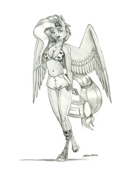 Size: 1000x1347 | Tagged: safe, artist:baron engel, kerfuffle, pegasus, anthro, unguligrade anthro, g4, absolute cleavage, amputee, belly button, bikini, bikini top, breasts, busty kerfuffle, cleavage, clothes, digital art, female, grayscale, mare, midriff, monochrome, pencil drawing, prosthetic limb, prosthetics, shorts, simple background, sketch, smiling, solo, swimsuit, traditional art, white background