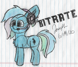 Size: 2333x2000 | Tagged: safe, artist:solder point, oc, oc only, oc:bit rate, earth pony, pony, chest fluff, colored, convention, cute, ear fluff, happy, headphones, headset, high res, leg fluff, mascot, ponyfest, ponyfest online, signature, sketch, smiling, solo, traditional art