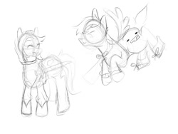 Size: 800x600 | Tagged: safe, artist:raventhelemon, earth pony, pegasus, pony, badboyhalo, clothes, duo, flying, hoodie, male, mcyt, minecraft, monochrome, ponified, skeppy, sketch, sword, weapon, youtuber