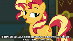 Size: 1280x720 | Tagged: safe, edit, edited screencap, screencap, sunset shimmer, pony, unicorn, equestria girls, equestria girls specials, g4, my little pony equestria girls: better together, my little pony equestria girls: forgotten friendship, caption, equestria girls ponified, female, image macro, implied starlight glimmer, implied trixie, mare, meme, ponified, solo, text