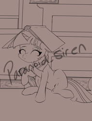 Size: 1200x1580 | Tagged: safe, artist:paranoid_siren, twilight sparkle, pony, unicorn, g4, book, book on head, chest fluff, cute, dresser, ear fluff, female, filly, filly twilight sparkle, floppy ears, horn, lineart, pouting, progress, raised hoof, solo, unicorn twilight, window, wip, younger