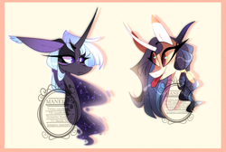 Size: 1244x838 | Tagged: safe, artist:manella-art, hybrid, pony, unicorn, bust, female, interspecies offspring, mare, offspring, parent:discord, parent:night guard, parent:princess celestia, parent:princess luna, parents:dislestia, parents:guardluna, portrait, slender, thin, tongue out