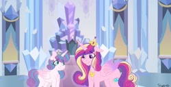 Size: 1600x810 | Tagged: safe, artist:tniyah15, princess cadance, princess flurry heart, alicorn, pony, g4, chest fluff, duo, duo female, female, floppy ears, mare, mother and child, mother and daughter, older, older flurry heart, throne room