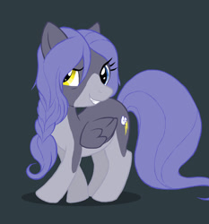 Size: 800x859 | Tagged: safe, artist:furball, oc, oc only, oc:mist runner, pegasus, pony, cutie mark, digital art, female, gray background, grin, heterochromia, mare, pegasus oc, simple background, smiling, solo, tail, wings