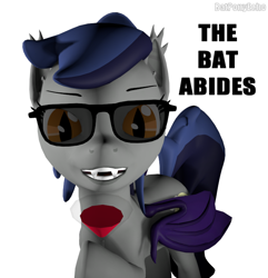 Size: 688x714 | Tagged: safe, artist:batponyecho, oc, oc only, oc:echo, bat pony, pony, 3d, alcohol, bat pony oc, bat wings, drink, fangs, female, mare, simple background, solo, source filmmaker, sunglasses, text, the big lebowski, white background, wine, wings