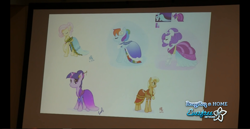 Size: 1366x706 | Tagged: safe, artist:ellybethe, applejack, fluttershy, rainbow dash, rarity, twilight sparkle, earth pony, pegasus, pony, unicorn, bronycon, journey of the spark, g4, 2012, alternate hairstyle, clothes, concept art, convention, dress, everfree network, eyes closed, female, looking at you, mare, photo, raised hoof, signature, unicorn twilight