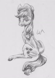 Size: 2316x3276 | Tagged: safe, artist:galinn-arts, applejack, earth pony, pony, g4, female, high res, looking at you, mare, monochrome, sitting, solo, traditional art
