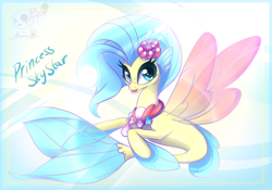 Size: 1404x985 | Tagged: safe, artist:bloody-pink, princess skystar, seapony (g4), g4, my little pony: the movie, blue eyes, cute, digital art, dorsal fin, eyelashes, female, fin, fin wings, fins, fish tail, flower, flower in hair, flowing mane, flowing tail, freckles, jewelry, logo, looking at you, necklace, ocean, open mouth, open smile, pearl necklace, skyabetes, smiling, solo, swimming, tail, underwater, water, wings