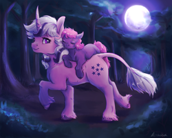 Size: 5000x4000 | Tagged: safe, artist:buttersprinkle, ember (g1), twilight, classical unicorn, earth pony, pony, unicorn, g1, absurd resolution, carrying, cloven hooves, commission, curved horn, duo, duo female, female, filly, forest, full moon, g1 momlight, horn, leonine tail, looking at someone, looking back, mare, moon, mother and child, mother and daughter, motherly, night, outdoors, ponies riding ponies, raised hoof, raised leg, riding, sleeping, unshorn fetlocks