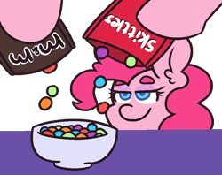 Size: 884x700 | Tagged: safe, artist:threetwotwo32232, pinkie pie, earth pony, pony, g4, candy, cartoon physics, chocolate, female, food, m&m's, mare, newbie artist training grounds, pure unfiltered evil, simple background, skittles, solo, transparent background, you monster