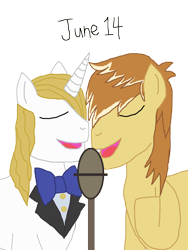 Size: 1280x1699 | Tagged: safe, artist:horroraceman93, feather bangs, prince blueblood, earth pony, pony, unicorn, g4, bluebangs, duo, eyes closed, gay, male, microphone, pride month, simple background, stallion, transparent background