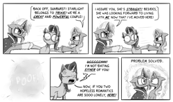 Size: 3000x1764 | Tagged: safe, artist:chopsticks, starlight glimmer, sunburst, trixie, pony, unicorn, argument, blushing, cape, cheek fluff, chest fluff, clothes, comic, cross-popping veins, dialogue, ear fluff, female, floppy ears, forced kiss, glasses, glowing horn, grayscale, hoof fluff, horn, kissing, lesbian, love triangle, magic, male, monochrome, robe, shipper on deck, shipping, shipping denied, straight, sunburst's cloak, surprise kiss, teleportation, text, trixburst, vein bulge, yelling