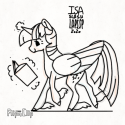 Size: 720x720 | Tagged: safe, artist:laps-sp, twilight sparkle, alicorn, pony, g4, animated, book, cute, female, flipaclip, folded wings, frame by frame, gif, large wings, magic, monochrome, solo, twiabetes, twilight sparkle (alicorn), walk cycle, walking, winged hooves, wings