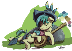 Size: 2322x1645 | Tagged: safe, artist:kam, sandbar, earth pony, pony, g4, bard, clothes, fantasy class, hat, male, sleeping, stallion