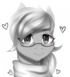 Size: 700x772 | Tagged: source needed, safe, artist:elonea, oc, oc only, oc:chelley, pony, clothes, female, glasses, mare, scarf, signature, smiling, solo