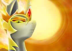 Size: 4093x2894 | Tagged: safe, artist:flaxen's art corner, daybreaker, alicorn, pony, g4, angry, fire, orange background, simple background, sun