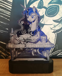 Size: 2768x3379 | Tagged: safe, artist:themisto97, princess luna, alicorn, pony, g4, acrylic plastic, book, candle, charity auction, craft, engraving, female, high res, lasercut, lunafest, mare, photo, reading, sitting, solo