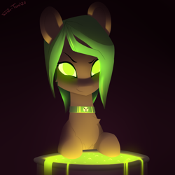 Size: 2400x2400 | Tagged: safe, artist:shido-tara, oc, oc only, collar, glowing eyes, high res, radiation, radioactive, simple background, smiling, smirk, toxic