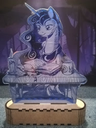 Size: 2976x3968 | Tagged: safe, artist:themisto97, princess luna, alicorn, pony, g4, acrylic plastic, book, candle, charity auction, craft, engraving, female, high res, lasercut, lunafest, mare, photo, reading, sitting, solo