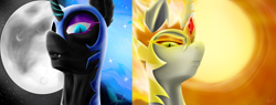 Size: 10000x3800 | Tagged: safe, artist:flaxen's art corner, daybreaker, nightmare moon, g4, day, female, moon, night, siblings, sisters, sun