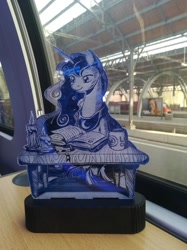 Size: 1024x1366 | Tagged: safe, artist:themisto97, princess luna, alicorn, pony, g4, acrylic plastic, book, candle, charity auction, craft, engraving, female, lasercut, lunafest, mare, reading, sitting, solo, train, train station