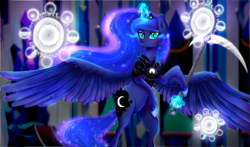 Size: 1800x1058 | Tagged: safe, artist:meqiopeach, nightmare moon, princess luna, alicorn, pegasus, pony, unicorn, fall of the crystal empire, g4, armor, bipedal, blushing, crystal empire, evil, female, fight, lunabetes, magic, moonbutt, nightmare luna, portal, raised hoof, scythe, shoes, simple background, solo, spread wings, weapon, wings