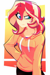 Size: 2190x3264 | Tagged: safe, artist:xan-gelx, sunset shimmer, equestria girls, g4, annoyed, clothes, digital art, female, high res, hoodie, solo