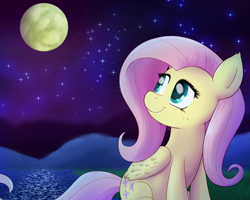 Size: 1200x960 | Tagged: safe, artist:empyu, fluttershy, pegasus, pony, g4, cute, digital art, female, folded wings, full moon, looking at something, looking away, looking back, looking up, mare, moon, night, outdoors, shyabetes, sitting, smiling, solo, stars, wings