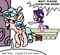 Size: 976x892 | Tagged: safe, artist:rainbowbacon, cozy glow, starlight glimmer, pegasus, pony, unicorn, g4, desk, dialogue, door, evil, newbie artist training grounds, pure concentrated unfiltered evil of the utmost potency, pure unfiltered evil, skewed priorities, speech bubble, starlight's office, this will end in detention, this will end in gulag