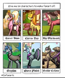 Size: 854x1024 | Tagged: safe, artist:shadow heart, big macintosh, carrot top, golden harvest, luster dawn, photo finish, stellar eclipse, stygian, earth pony, parasprite, pegasus, pony, unicorn, g4, bag, book, bucking, building, chest fluff, cloak, clothes, curved horn, ear fluff, female, freckles, glowing horn, hairband, horn, horse collar, looking up, magic, male, mare, outdoors, raised hoof, saddle bag, scarf, six fanarts, stallion, sunglasses, telekinesis, tree, unshorn fetlocks, wheelchair