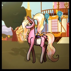 Size: 768x768 | Tagged: safe, alternate version, artist:shadow heart, luster dawn, pony, unicorn, g4, bag, book, building, chest fluff, female, glowing horn, hairband, horn, magic, mare, outdoors, saddle bag, solo, telekinesis, tree