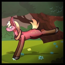 Size: 768x768 | Tagged: safe, alternate version, artist:shadow heart, big macintosh, earth pony, pony, g4, bucking, freckles, horse collar, male, outdoors, solo, stallion, tree